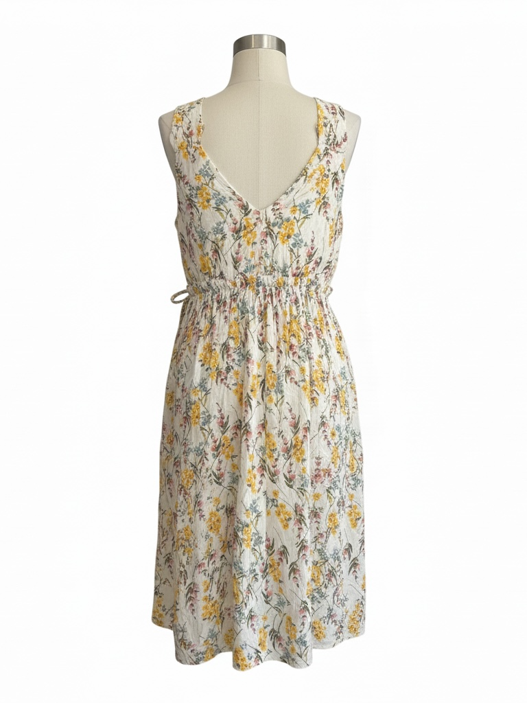 White floral V-neck sleeveless dress with elastic waist and tie detail