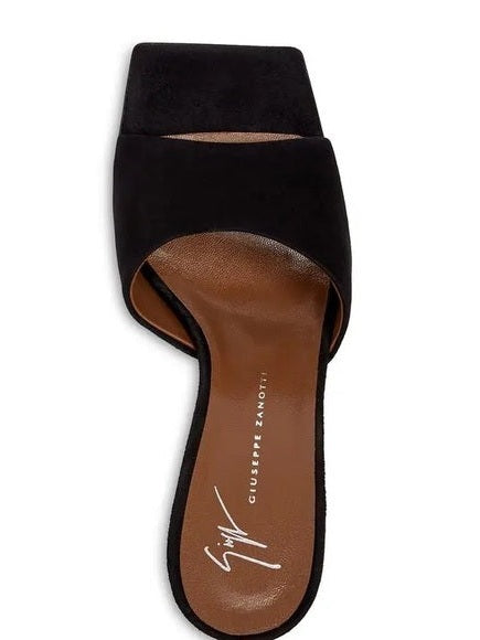 Giuseppe Zanotti black suede mule top view showing branded insole and instep strap