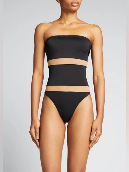 Norma Kamali Bishop nude strapless one-piece swimsuit with black bandeau top and nude mesh inserts