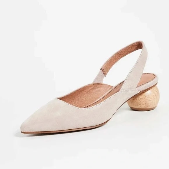 Matiko Cream Suede Slingback Heels with Wooden Heel