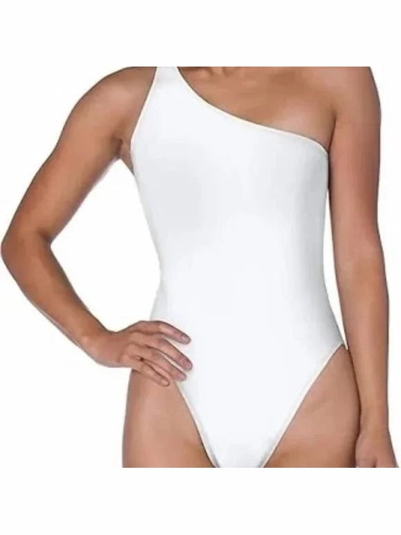 Norma Kamali Mio white one shoulder swimsuit with high-cut leg and diagonal neckline