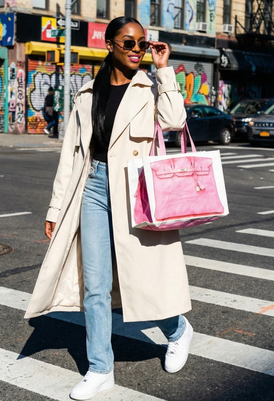 Woman in a beige coat and blue jeans holding a pink bag on a city street. Shopper tote