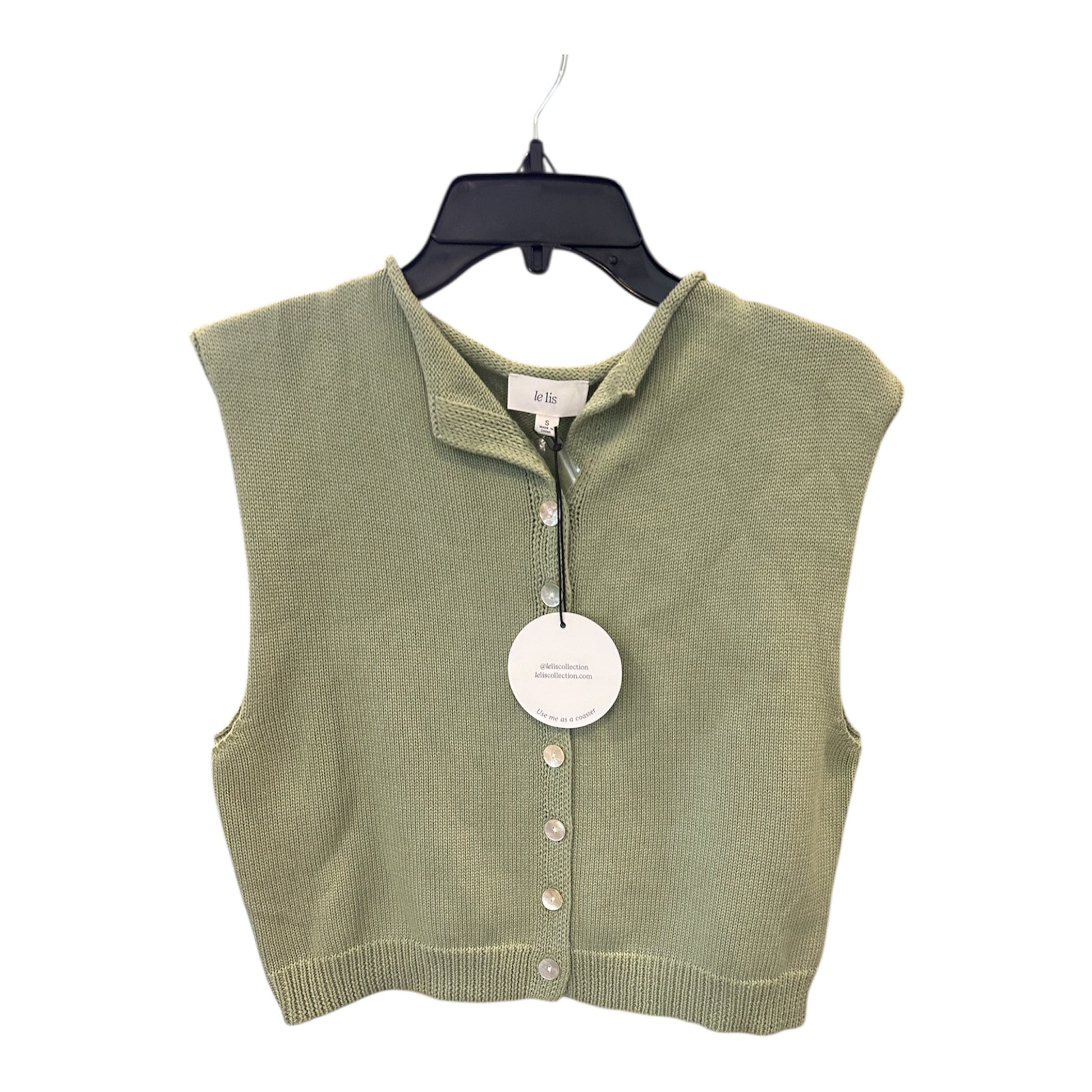 Green knitted vest on a hanger with a visible brand tag against a white background