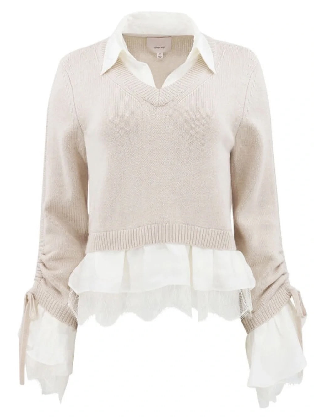 cinq a sept Cream Layered V-Neck Sweater with Ruffle Details