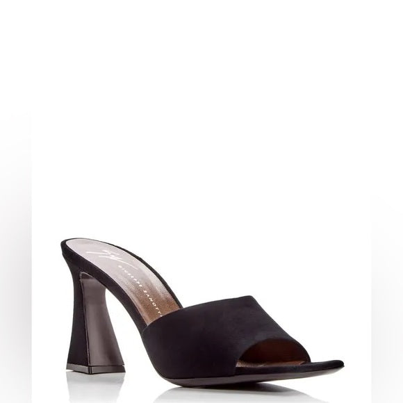 Designer Black open-toe high-heeled shoe on a white background. Luxury for less