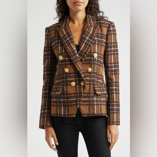 Plaid blazer with gold buttons worn by a person on a light gray background. Discounted from Original price