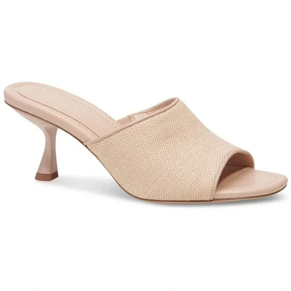 Beige high-heeled sandal on a white background. Summer Sandal. Discounted