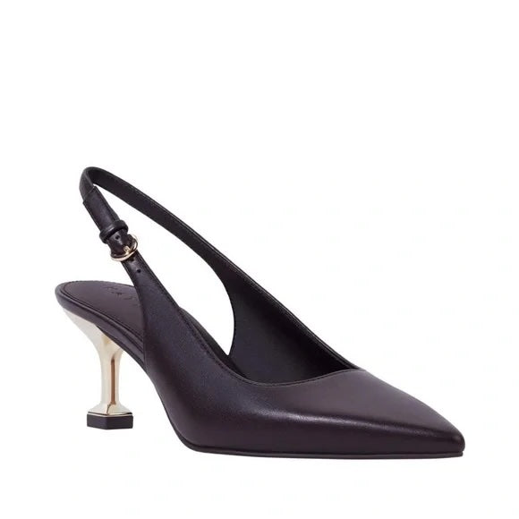 Black slingback high heel shoe on a white background