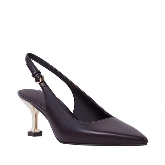 Black slingback high heel shoe on a white background