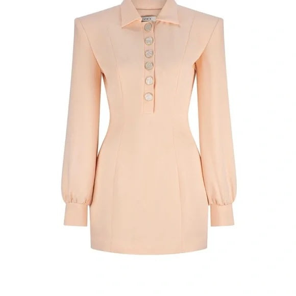Light pink dress with long sleeves and button details on a white background