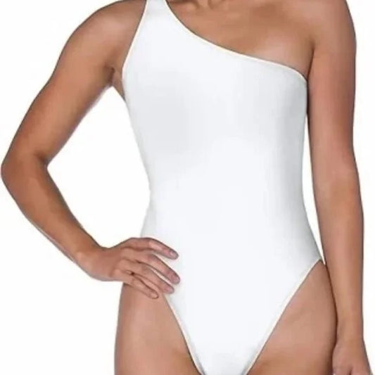White one-shoulder swimsuit worn by a model on a white background. Summer
